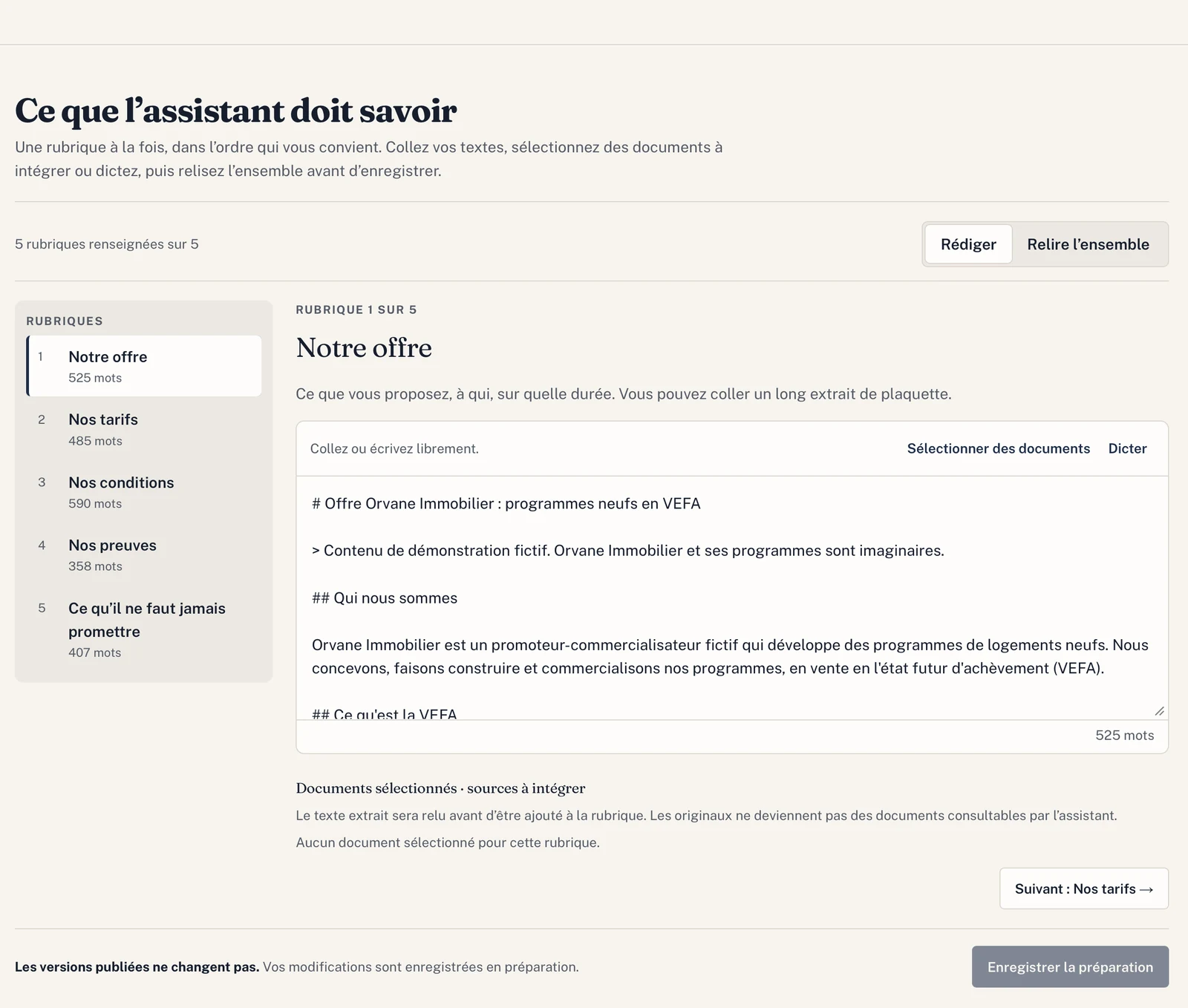 Ce que l'assistant doit savoir : rubriques de l'offre, des tarifs, des conditions, des preuves et de ce qu'il ne faut jamais promettre